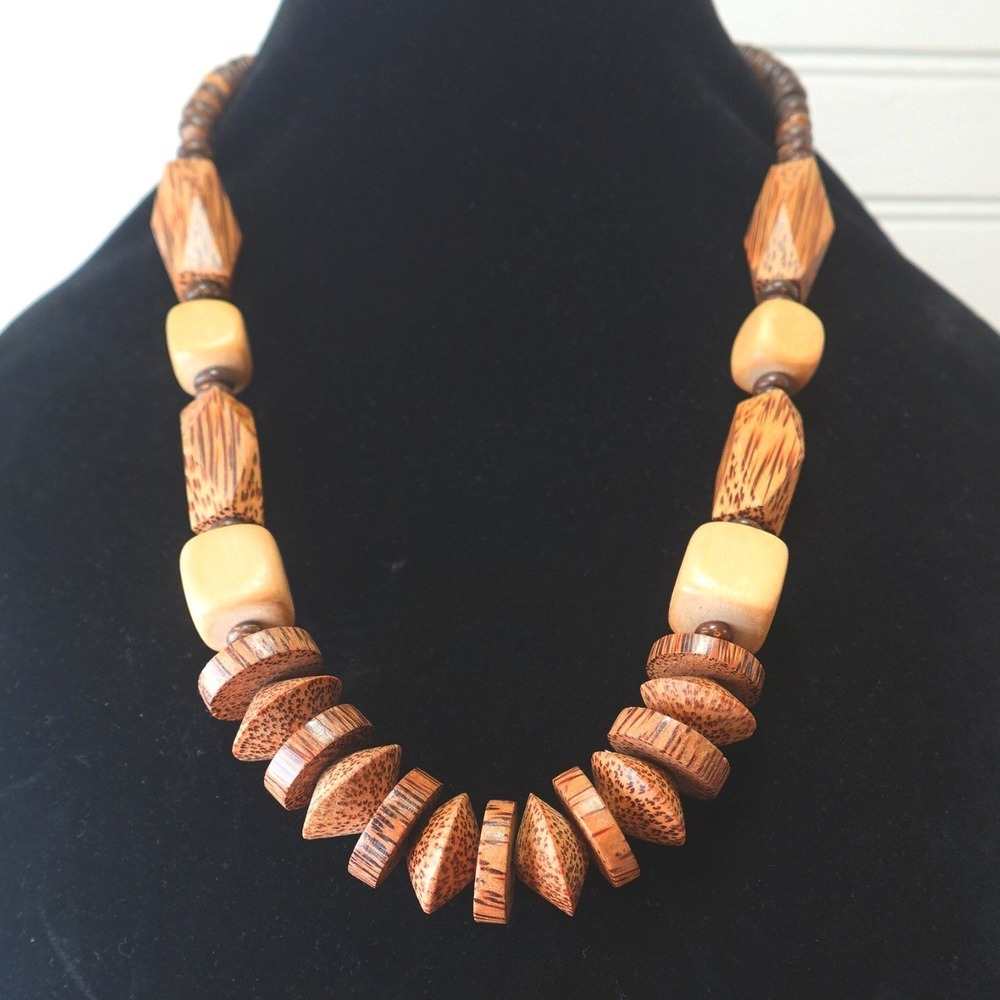 Vintage Chunky Wooden Necklace Brown Neutral Tone Cottage-core Boho Jewelry